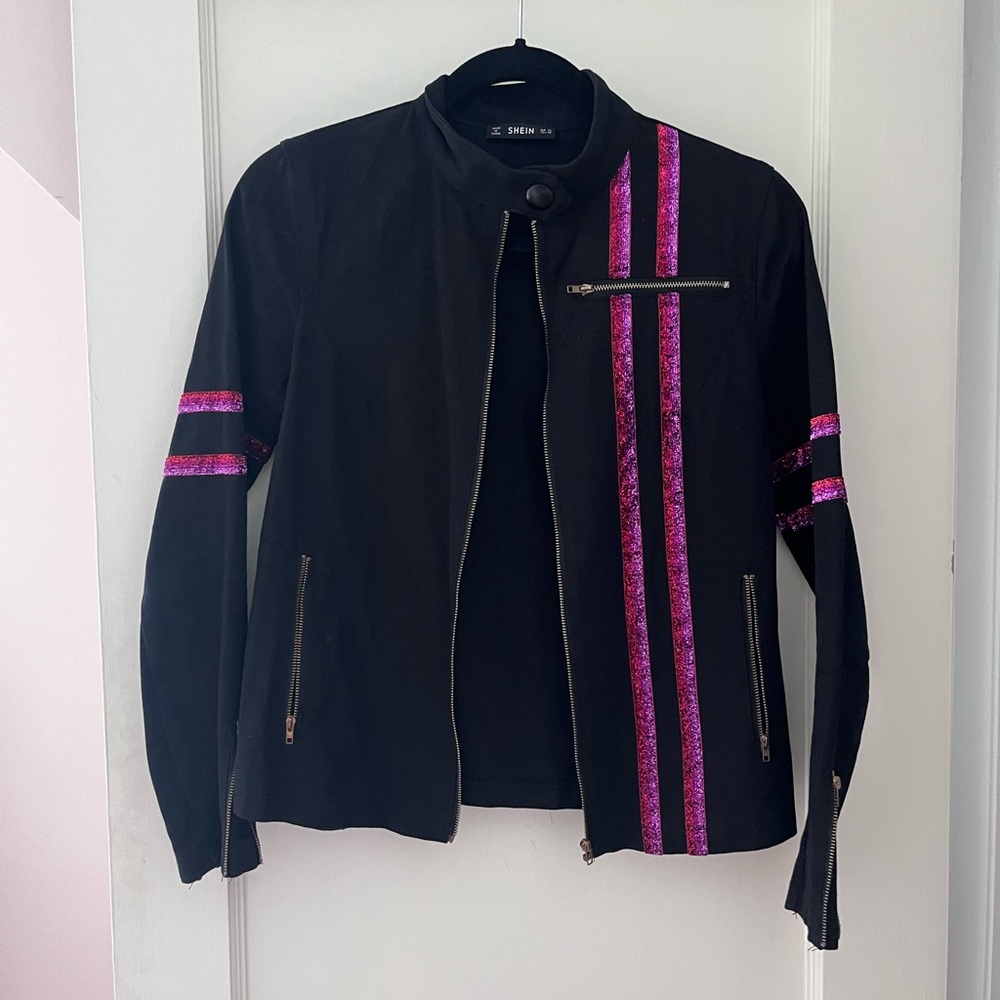 Black Bomber Jacket with Pink Stripes
